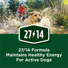 Dog food 27/14 formula badge for active dogs on product bag design