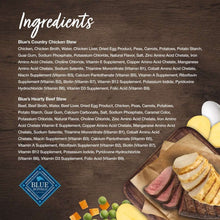 Wet dog food ingredients graphic with can, sliced meat, and vegetable pieces