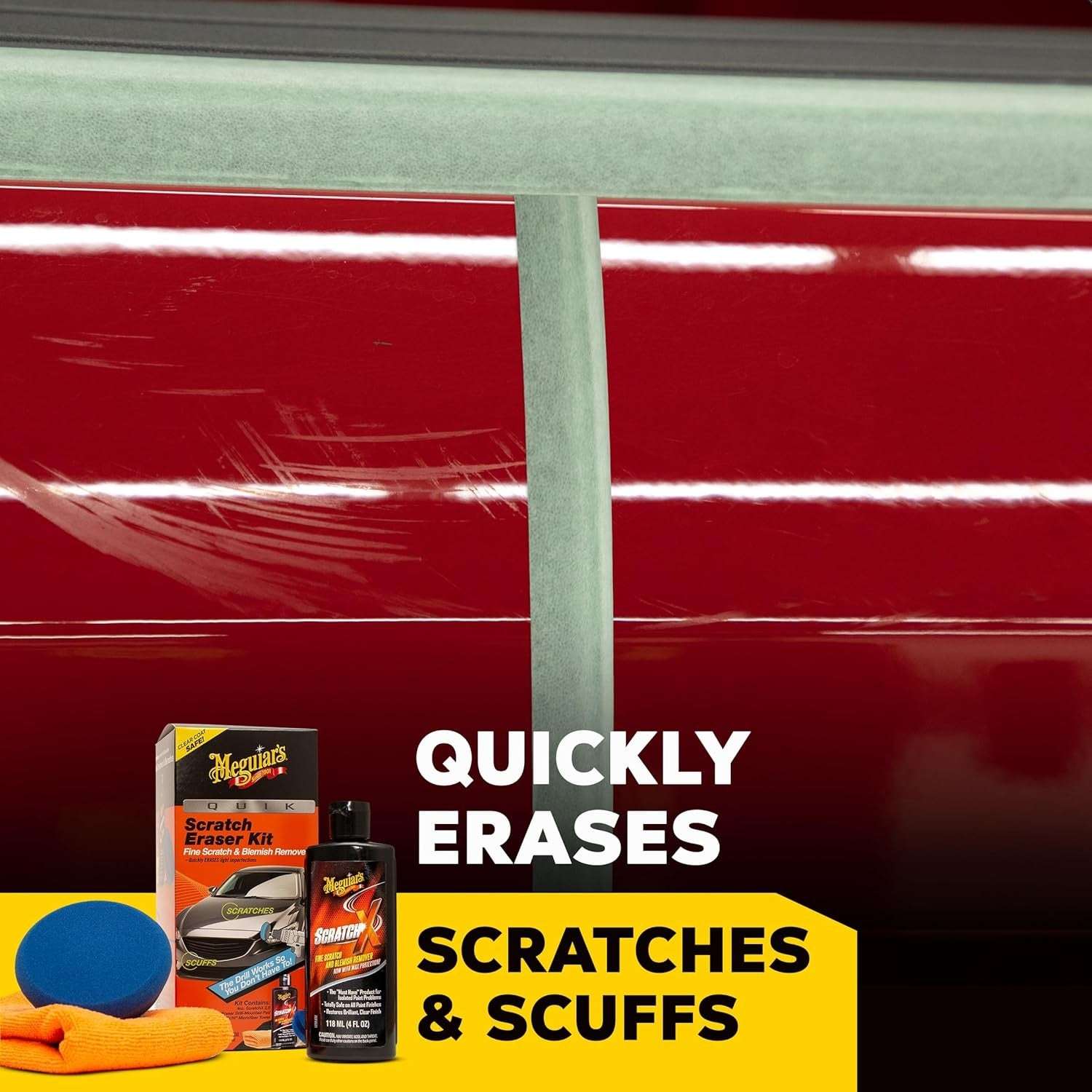 Meguiar's Quik Eraser Kit, Eliminador de Rayones para Coches para Reparar Imperfecciones de la Superficie, Kit de Reparación de Rayones para Coches con ScratchX, Almohadilla para Taladro y Toalla de Microfibra, 4 Unidades