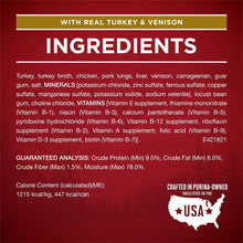 Wet dog food ingredients panel with heading 'With real turkey & venison'