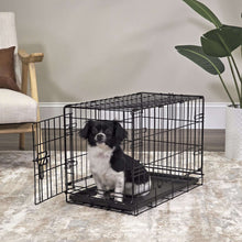 Wire dog crate with divider and leak-proof tray, black metal, front door open.