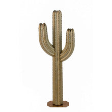 Metal saguaro cactus torch sculpture with tall body, three arms, and flat base