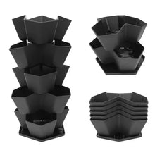 Stackable black planter modules with interlocking sides and bottom tray