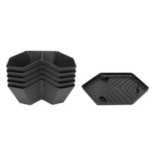 Stackable planter tray and bottom piece, black molded plastic with ridges