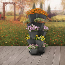 5-tier stackable planter with black pots, set of tiered planting containers