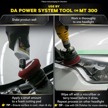 Headlight polishing with a drill and red foam pad, bottle in hand
