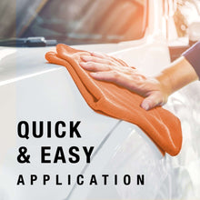 Orange cloth wiping a car surface with quick & easy application text