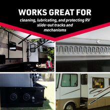 RV slide-out silicone lubricant spray can on graphic showing RV track mechanisms
