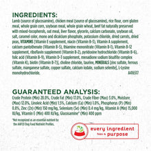 Purina ONE Plus ingredients and guaranteed analysis label with every ingredient purpose badge