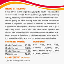 Dog chew label with feeding instructions and guaranteed analysis ingredients