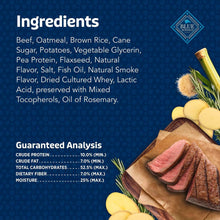 Dog treat bag label with ingredient list and analysis for beef, oatmeal, rice