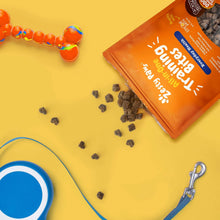 Training bites pouch corner with scattered dark treats and colorful bead toy