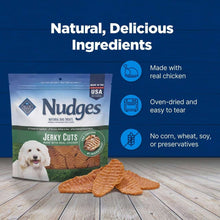Blue Nudges Jerky Cuts chicken dog treat bag with feature icons