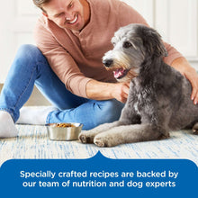 Man petting a gray-and-white dog while feeding from a dry dog food bowl