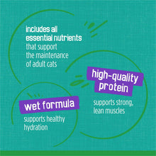 Wet cat food label highlighting high-quality protein and wet formula benefits