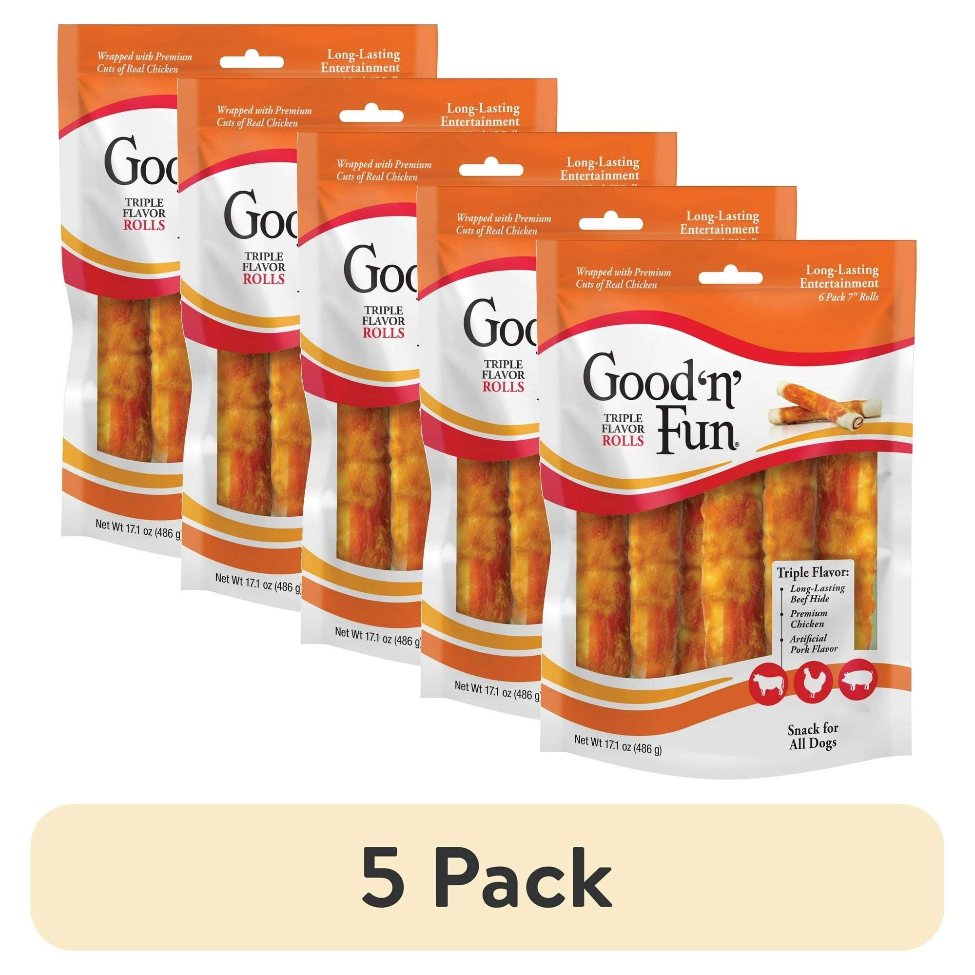 Good ’n’ Fun Triple Flavor Chews, 7 Inch Rolls, Rawhide for Dogs, 6 Count