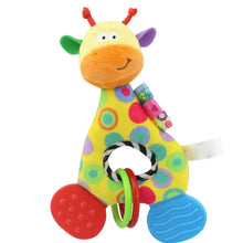 Multicolor giraffe plush baby rattle teether with crinkle ring and red/blue textured pads