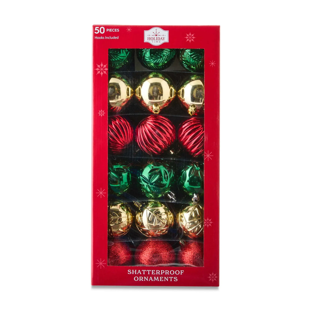 50-Count Red/Green/Gold Shatterproof Ball Christmas Ornaments, by Holiday Time - USA MEGA SHOP