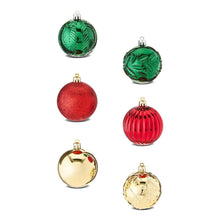 Christmas ball ornaments set in green, red, and gold with metal caps and loop hangers