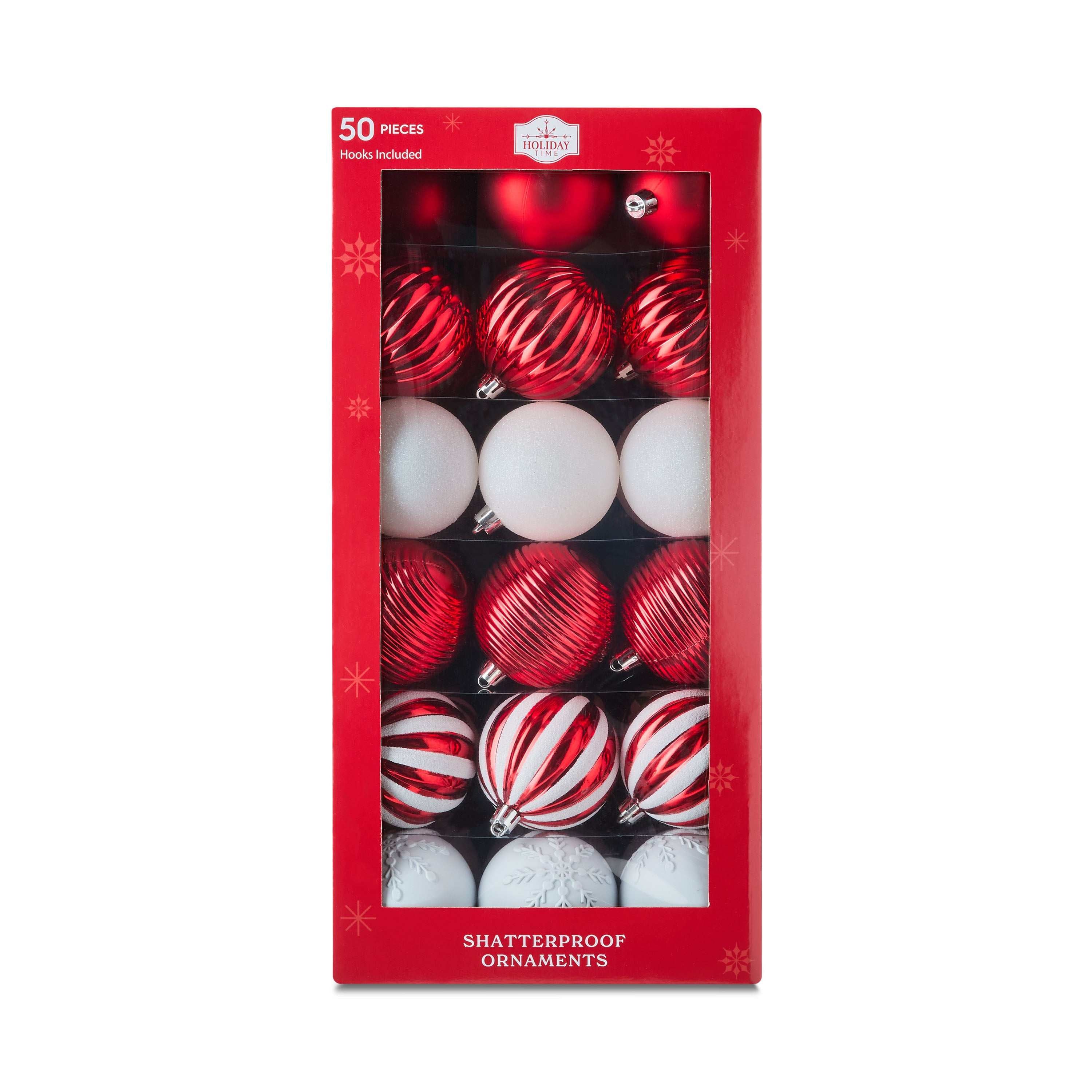 50-Count Red and White Shatterproof Christmas Ornaments, by Holiday Time