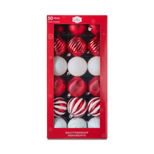 Packaged shatterproof Christmas ornaments in red and white, 50-count