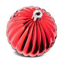 Red glossy Christmas ornament with ribbed sections and a silver hanging cap