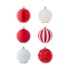 Assorted red and white Christmas ornaments with silver caps, mix of solid and striped