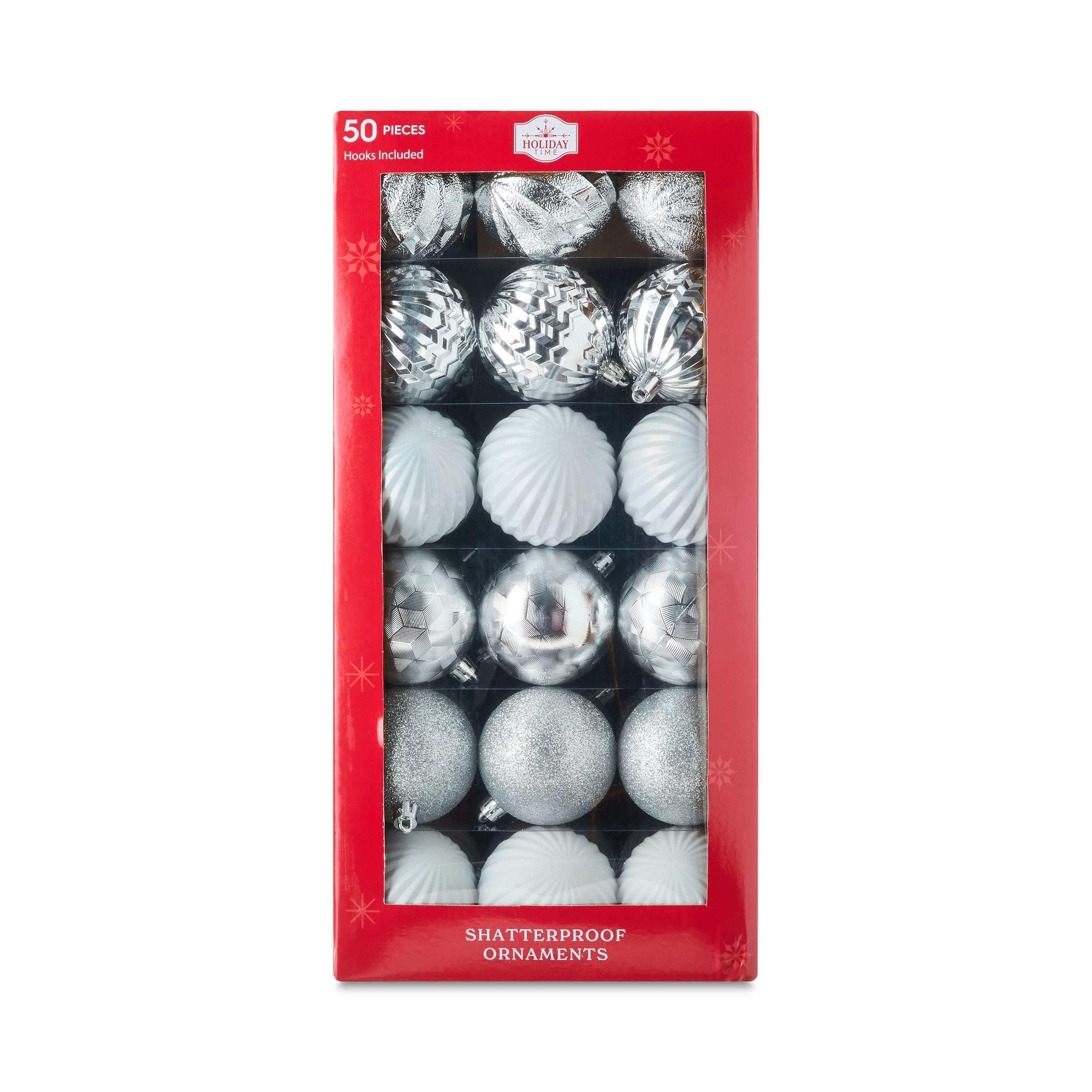 50-Count Silver and White Shatterproof Christmas Ornaments, by Holiday Time - USA MEGA SHOP