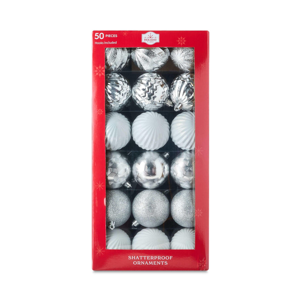 50-Count Silver and White Shatterproof Christmas Ornaments, by Holiday Time - USA MEGA SHOP