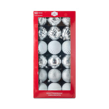 Shatterproof Christmas ornament set box with silver and white hanging ornament balls