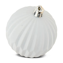 White ribbed Christmas ornament ball with silver cap and hanging loop
