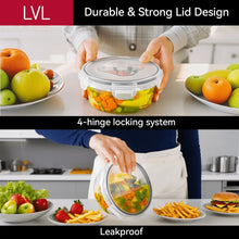 Clear plastic meal prep container with hinged lid and snap-lock closure, shown in use