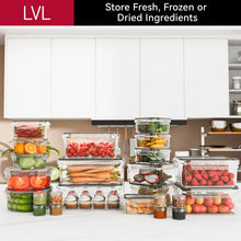 Clear plastic storage containers with lids holding fresh, frozen, and dried ingredients