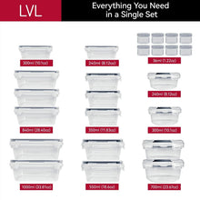 Assorted sizes of clear plastic food storage containers with matching snap-on lids