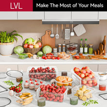 Clear plastic food storage containers with lids filled with assorted meal ingredients