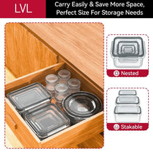 Stackable and nestable clear plastic containers with tight lids for pantry storage