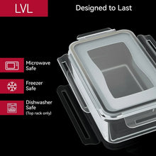 Gray-tinted clear plastic meal prep containers with secure lids, microwave and freezer ready