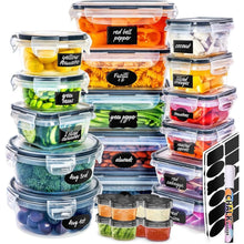 Set of clear plastic food storage containers with tight-fitting lids and label cards