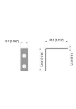 Zinc-plated steel corner brace showing mounting-hole and arm dimensions.