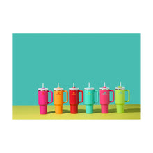 Row of colorful insulated tumblers with straws and side handles