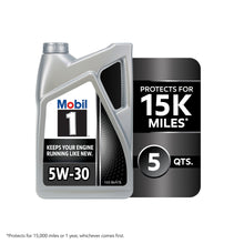 Mobil 1 5W-30 motor oil bottle with 5 qts protection graphic.