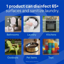 Disinfecting bleach usage infographic showing multiple surface areas to sanitize