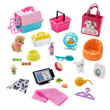 Pet boutique accessory set with dog figure, food bowl, bottles, brush, and toys