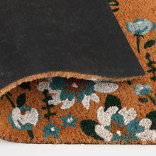Outdoor doormat corner with blue floral face and black rubber backing