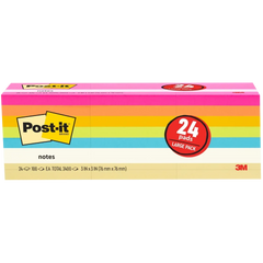 Post-it Notes, 3” x 3”, Assorted Bright Colors, 100 Sheets, 24 Pads