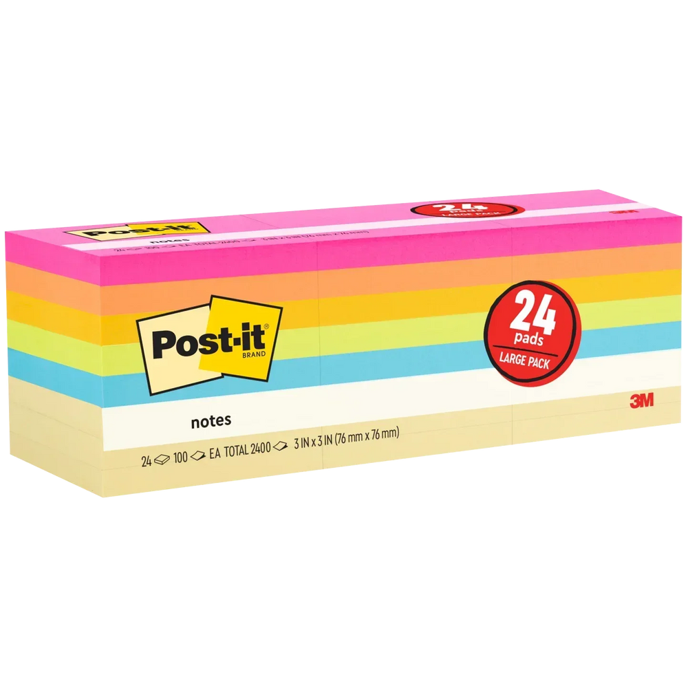 Post-it Notes, 3” x 3”, Assorted Bright Colors, 100 Sheets, 24 Pads - USA MEGA SHOP