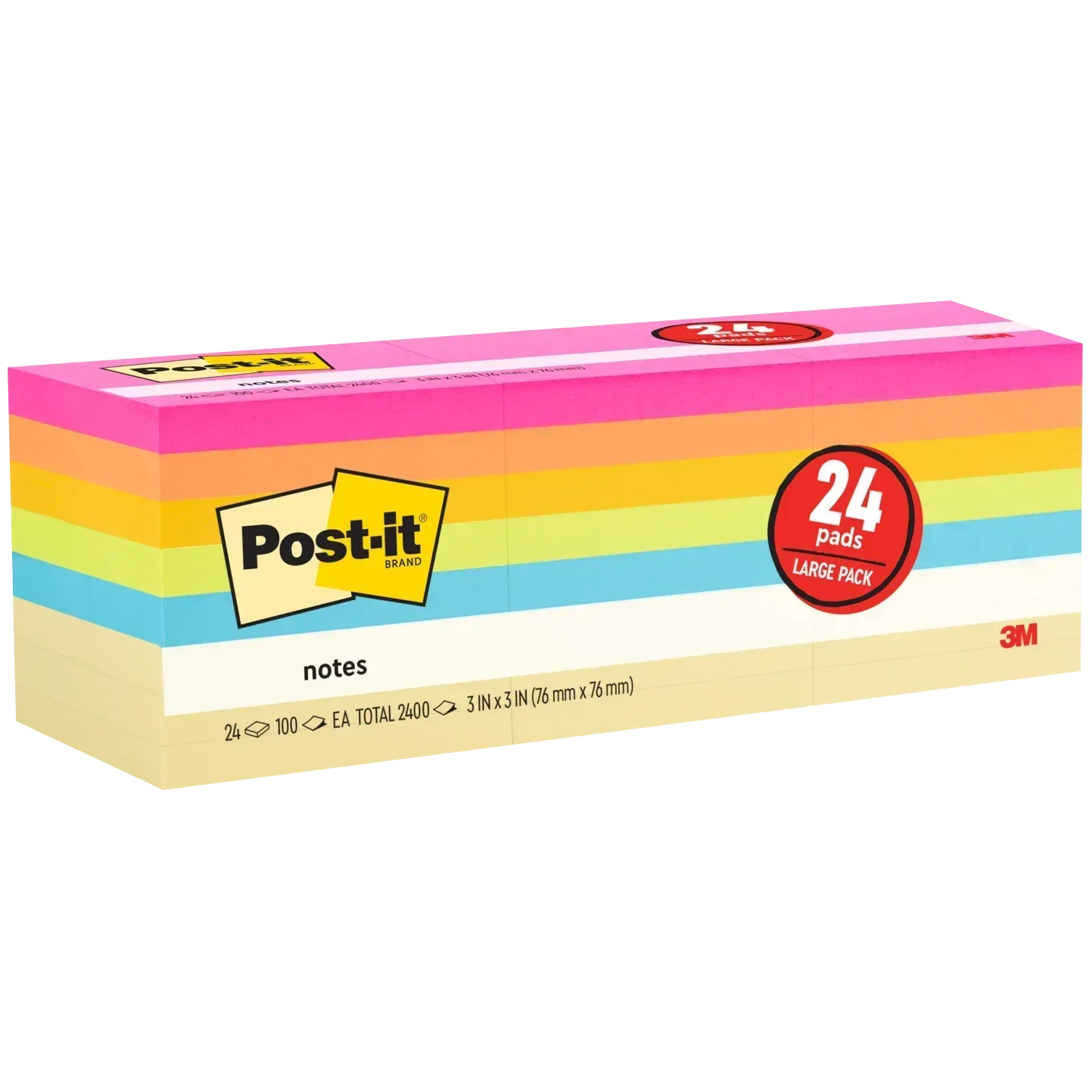 Post-it Notes, 3” x 3”, Assorted Bright Colors, 100 Sheets, 24 Pads