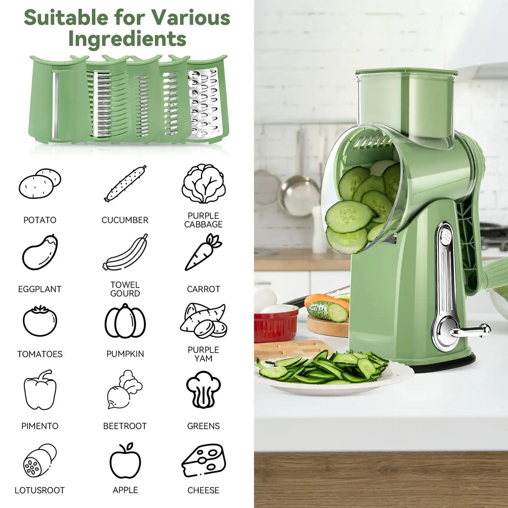 Pukomc Rotary Cheese Grater with Handle- 5 Blades, Suction Base, Mandoline Slicer & Veg Shredder with Blade Storage Box(Green) - USA MEGA SHOP