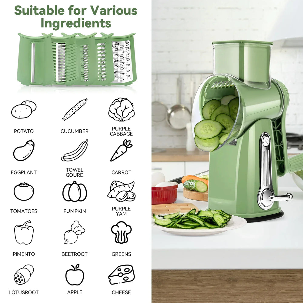 Pukomc Rotary Cheese Grater with Handle- 5 Blades, Suction Base, Mandoline Slicer & Veg Shredder with Blade Storage Box - USA MEGA SHOP