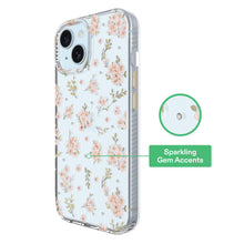 Clear phone case with pink floral print and gem-like rim detail